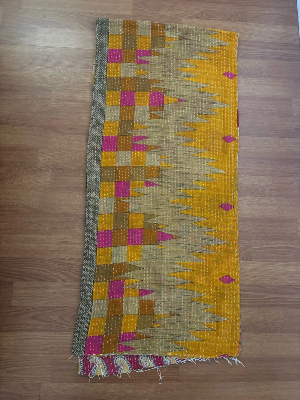 Beautiful Reversible Kantha Scarf in pink, red, yellow and blue